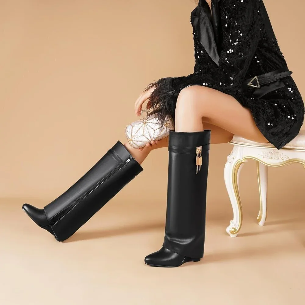 Women Faux Leather Black Pull-on Wedge Heel Knee Shark Padlock Design Boot